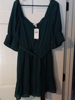 Nordstrom Dark Green Short-Sleeve Belted Mini Dress